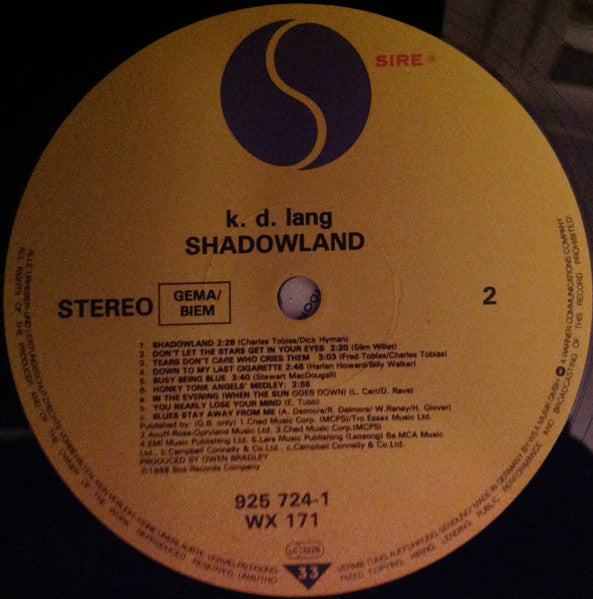 k. d. lang. Shadowland VG+VG
