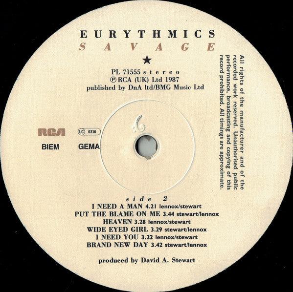 Eurythmics. Savage VG+VG - Ad-Astra Records