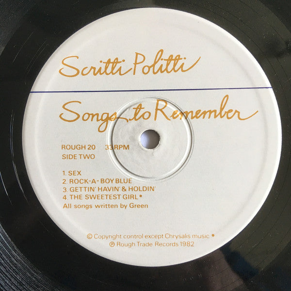 Scritti Politti. Songs To Remember ( Embossed ) VG+VG