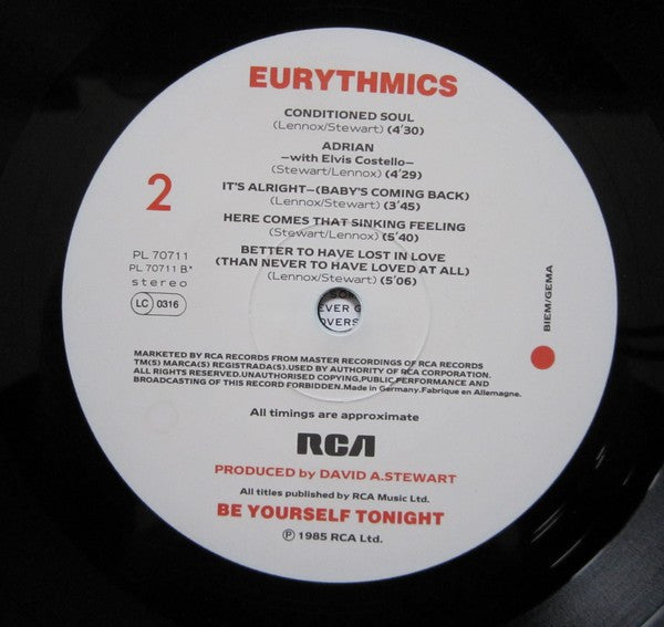 Eurythmics. Be Yourself Tonight VG+VG - Ad-Astra Records