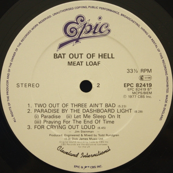 Meat Loaf. Bat Out Of Hell ( Re Issue ) VG+ VG