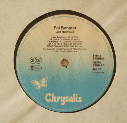 Pat Benatar. Get Nervous ( Ex German Library ) VG+ G+