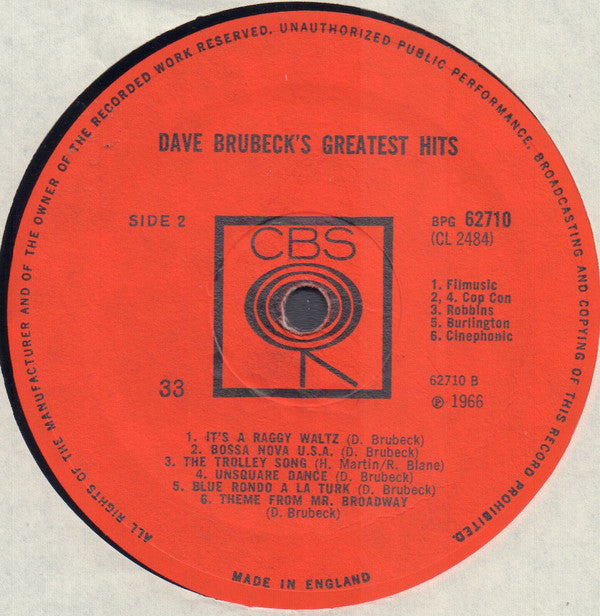 Dave Brubeck. Dave Brubeck's Greatest Hits ( Mono ) VG+VG