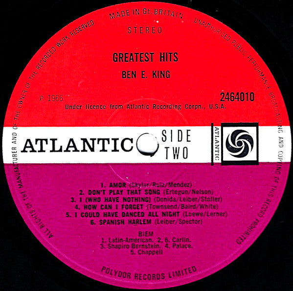 Ben E. King. Greatest Hits ( Re Issue Stereo ) VG+G+