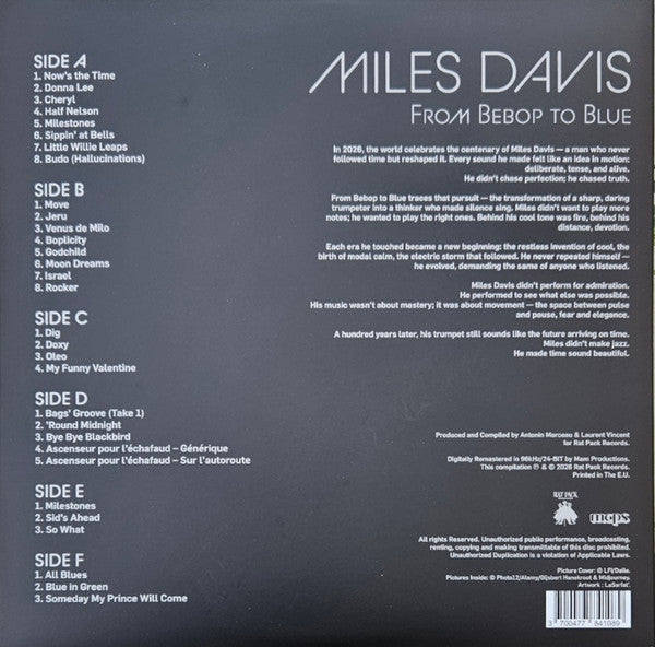Miles Davis. From Bebop To Blue (  3 × Vinyl, LP, Record Store Day, Compilation, Limited Edition, Misprint, Remastered, Special Edition, Stereo, 100th Anniversary 1926-2026, Metallic Pantone, Clear Silver Marble & Black )