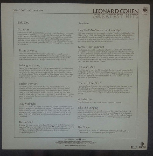 Leonard Cohen. Greatest Hits ( Re Issue Red Labels ) VG+VG - Ad-Astra Records