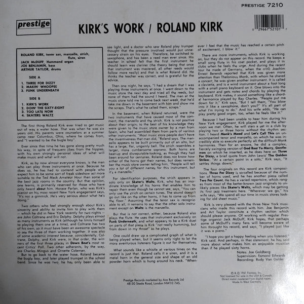Roland Kirk with Jack McDuff.  Kirk's Work ( German Issue ) VG+VG