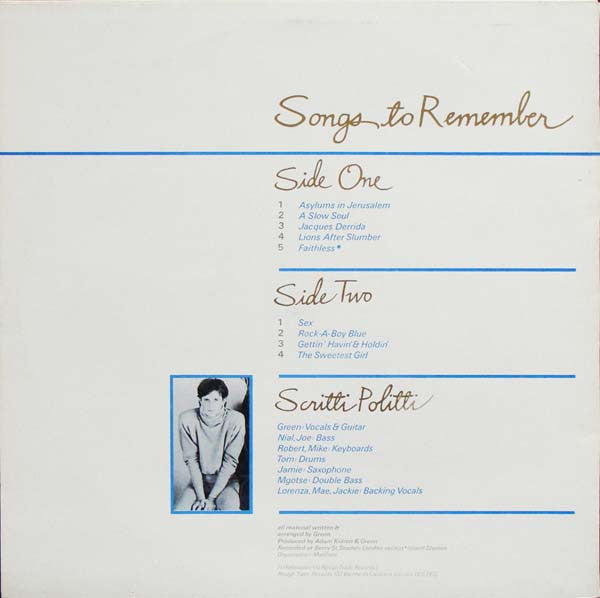 Scritti Politti. Songs To Remember ( Embossed ) VG+VG