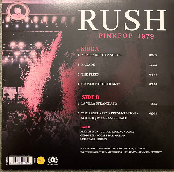 Rush.  Live at Pinkpop, Burgermeester Damen Sportpark, Geleen, Netherlands, June 4, 1979 Pink Vinyl