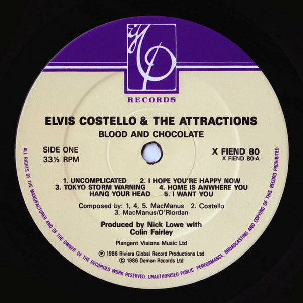Elvis Costello And The Attractions.  Blood & Chocolate ( Damont Pressing ) VG+VG - Ad-Astra Records