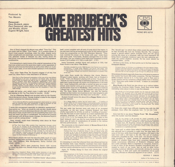 Dave Brubeck. Dave Brubeck's Greatest Hits ( Mono ) VG+VG