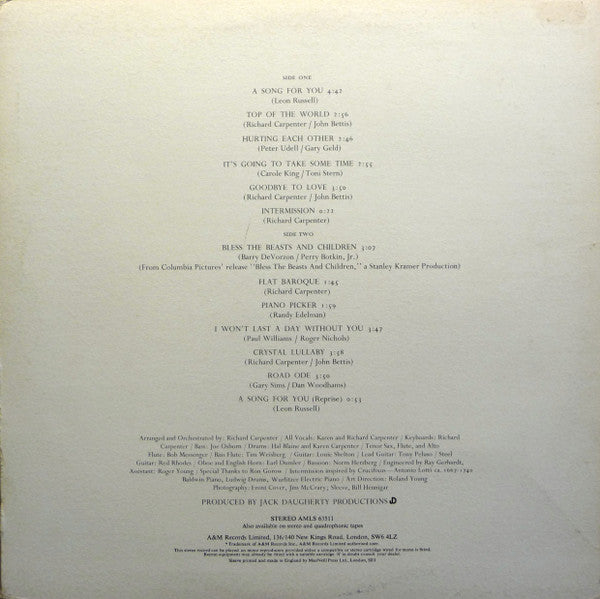 Carpenters. A Song For You ( Re Issue ) VG+G+