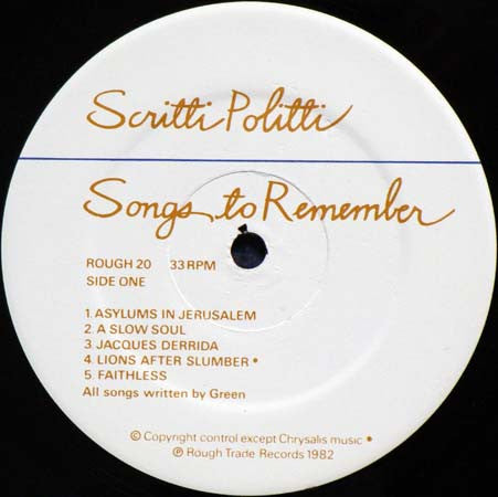 Scritti Politti. Songs To Remember ( Embossed ) VG+VG