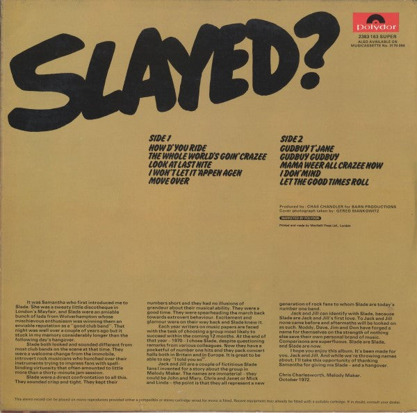 Slade. Slayed ? VG+VG
