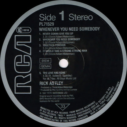 Rick Astley. Whenever You Need Somebody VG+VG