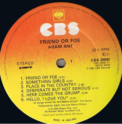 Adam Ant. Friend Or Foe VG+VG