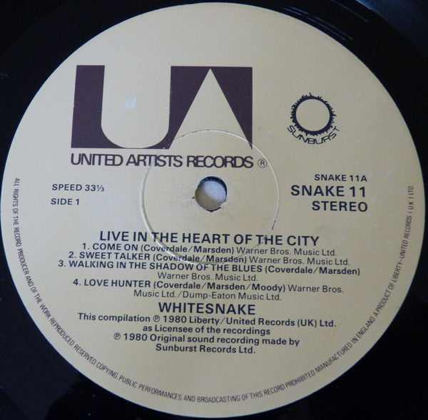 Whitesnake. Live....In The Heart Of The City ( Double ) VG+VG