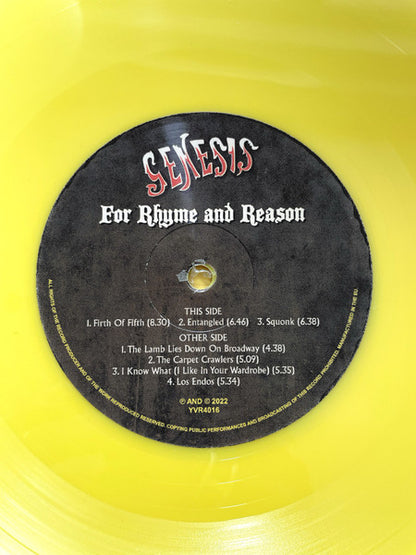 Genesis. For Rhyme And Reason ( Live at Hammersmith Odeon, London, England June 10th 1976 Yellow Vinyl )