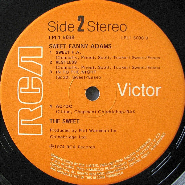 The Sweet. Sweet Fanny Adams VG+VG - Ad-Astra Records