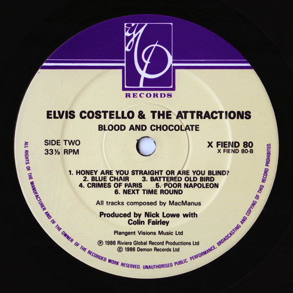 Elvis Costello And The Attractions.  Blood & Chocolate ( Damont Pressing ) VG+VG - Ad-Astra Records