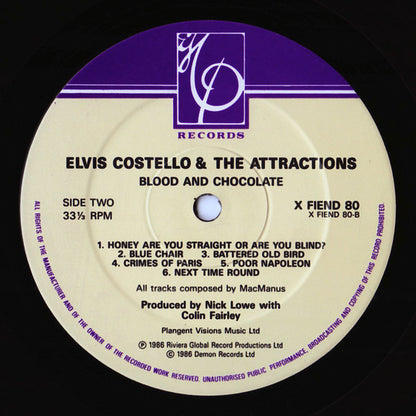 Elvis Costello And The Attractions.  Blood & Chocolate ( Damont Pressing ) VG+VG - Ad-Astra Records