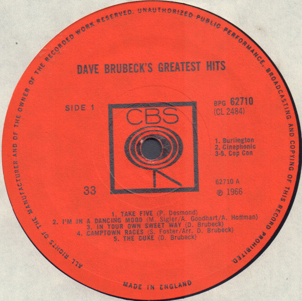 Dave Brubeck. Dave Brubeck's Greatest Hits ( Mono ) VG+VG