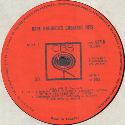 Dave Brubeck. Dave Brubeck's Greatest Hits ( Mono ) VG+VG