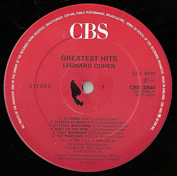Leonard Cohen. Greatest Hits ( Re Issue Red Labels ) VG+VG - Ad-Astra Records