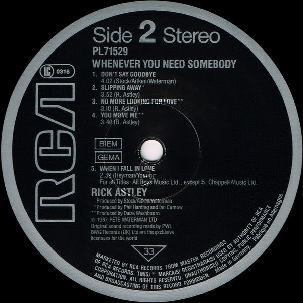 Rick Astley. Whenever You Need Somebody VG+VG