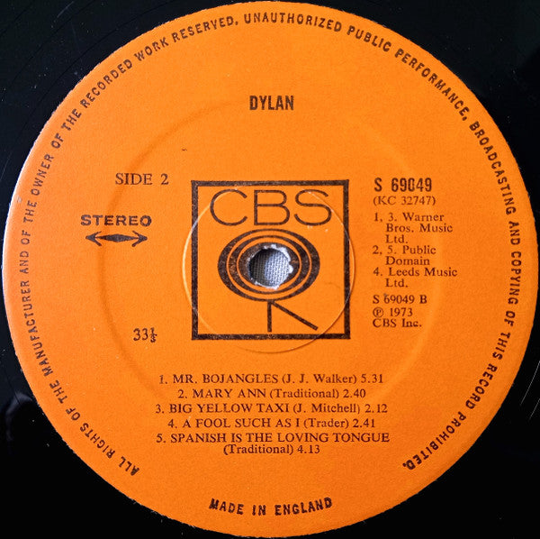 Bob Dylan. Dylan ( Ex German Library ) VG+ G+