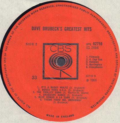 Dave Brubeck. Dave Brubeck's Greatest Hits ( Mono ) VG+VG