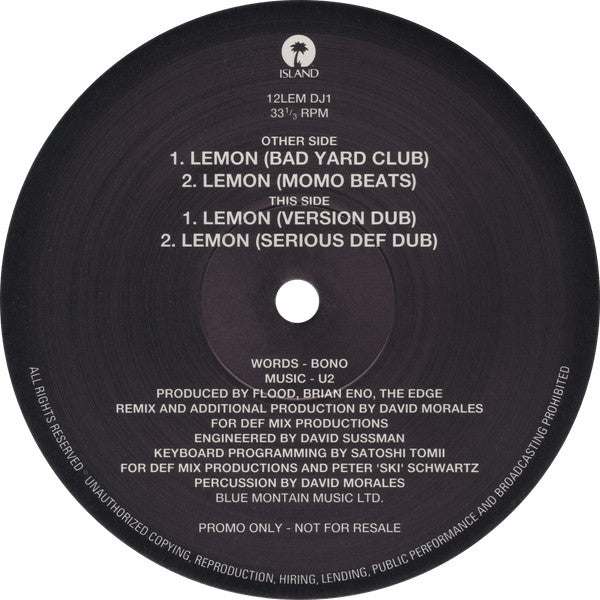 U2. Lemon Remixes ( 12", 33 ⅓ RPM, Promo Number 0103 Of 1000 ) VG+VG
