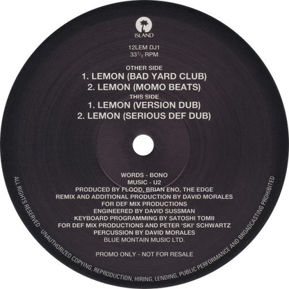 U2. Lemon Remixes ( 12", 33 ⅓ RPM, Promo Number 0103 Of 1000 ) VG+VG