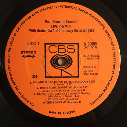 Paul Simon. With Urubamba And The Jessy Dixon Singers ‎– Paul Simon In Concert Live Rhymin' VG+VG