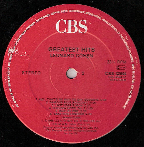 Leonard Cohen. Greatest Hits ( Re Issue Red Labels ) VG+VG - Ad-Astra Records