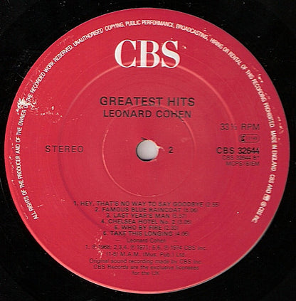 Leonard Cohen. Greatest Hits ( Re Issue Red Labels ) VG+VG - Ad-Astra Records