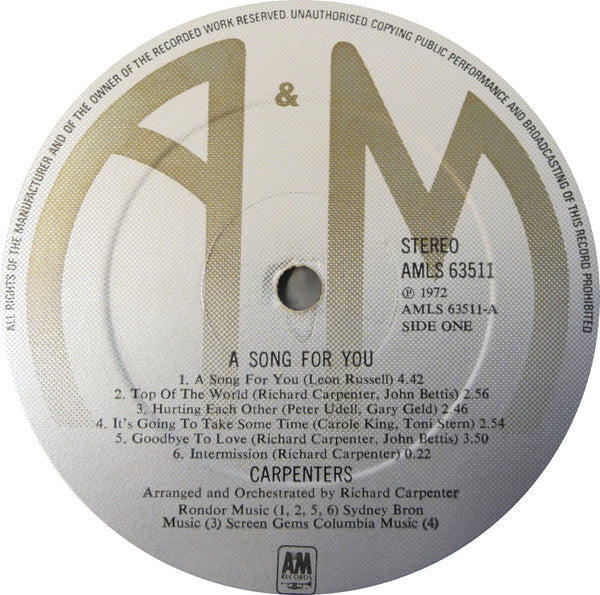 Carpenters. A Song For You ( Re Issue ) VG+G+