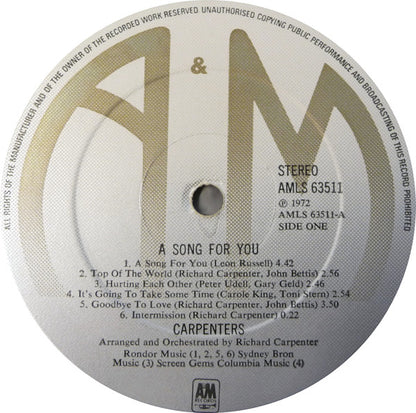Carpenters. A Song For You ( Re Issue ) VG+G+