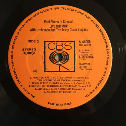 Paul Simon. With Urubamba And The Jessy Dixon Singers ‎– Paul Simon In Concert Live Rhymin' VG+VG