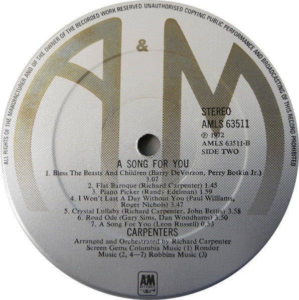 Carpenters. A Song For You ( Re Issue ) VG+G+