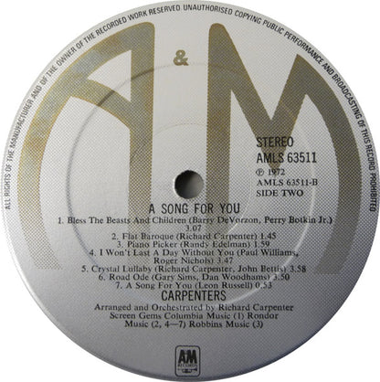 Carpenters. A Song For You ( Re Issue ) VG+G+
