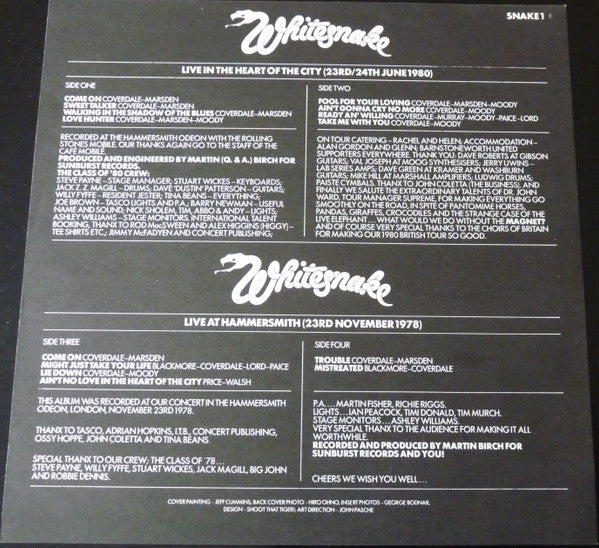 Whitesnake. Live....In The Heart Of The City ( Double ) VG+VG